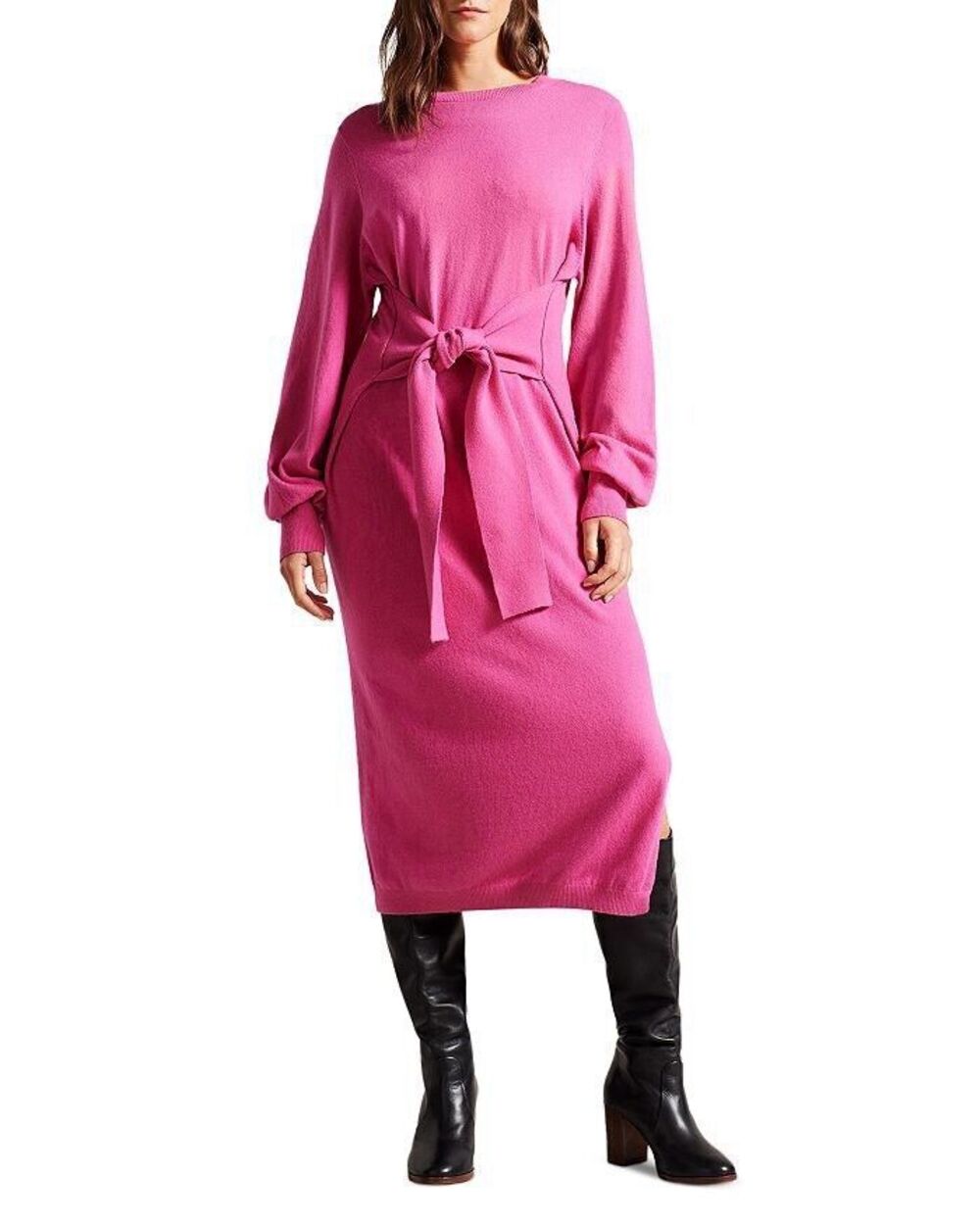 Ted Baker Essya Slouchy Tie Front Midi Knit Dress Pink Size 1 Cashmere Wool $285